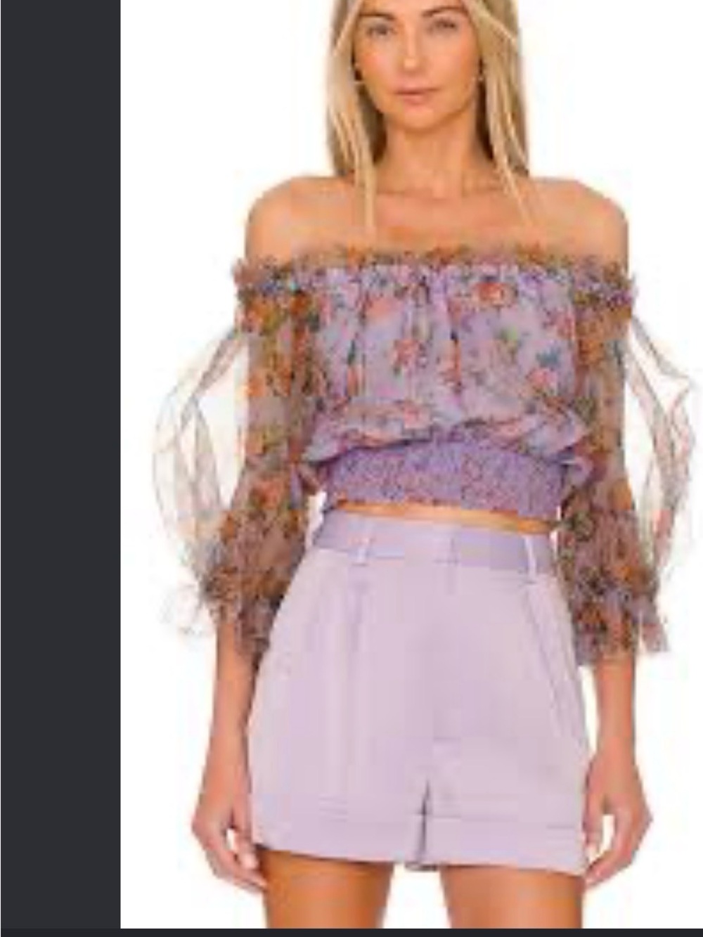 NWT Alice + Olivia Lavender Off-Shoulder Floral Sheer Crop Top - Picture 3 of 9